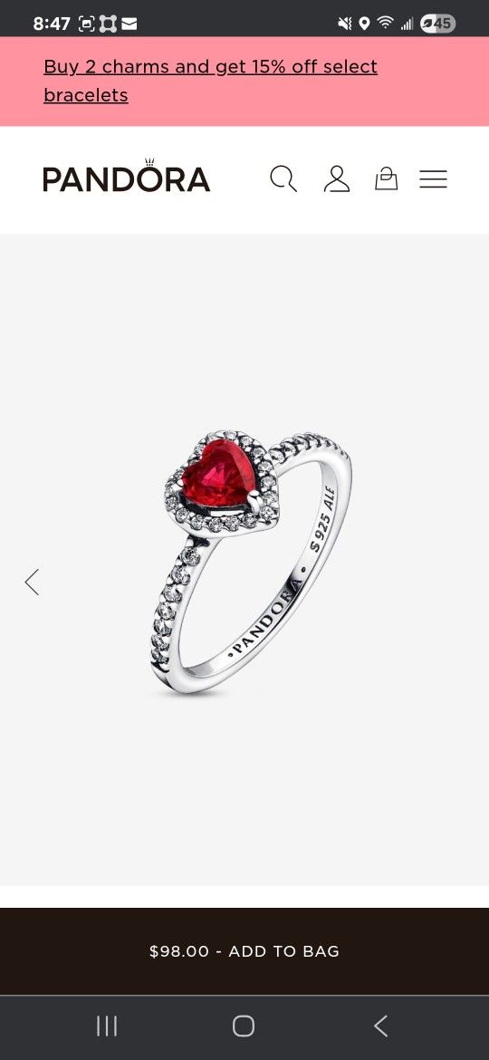 Pandora Red Heart Sterling Silver Ring