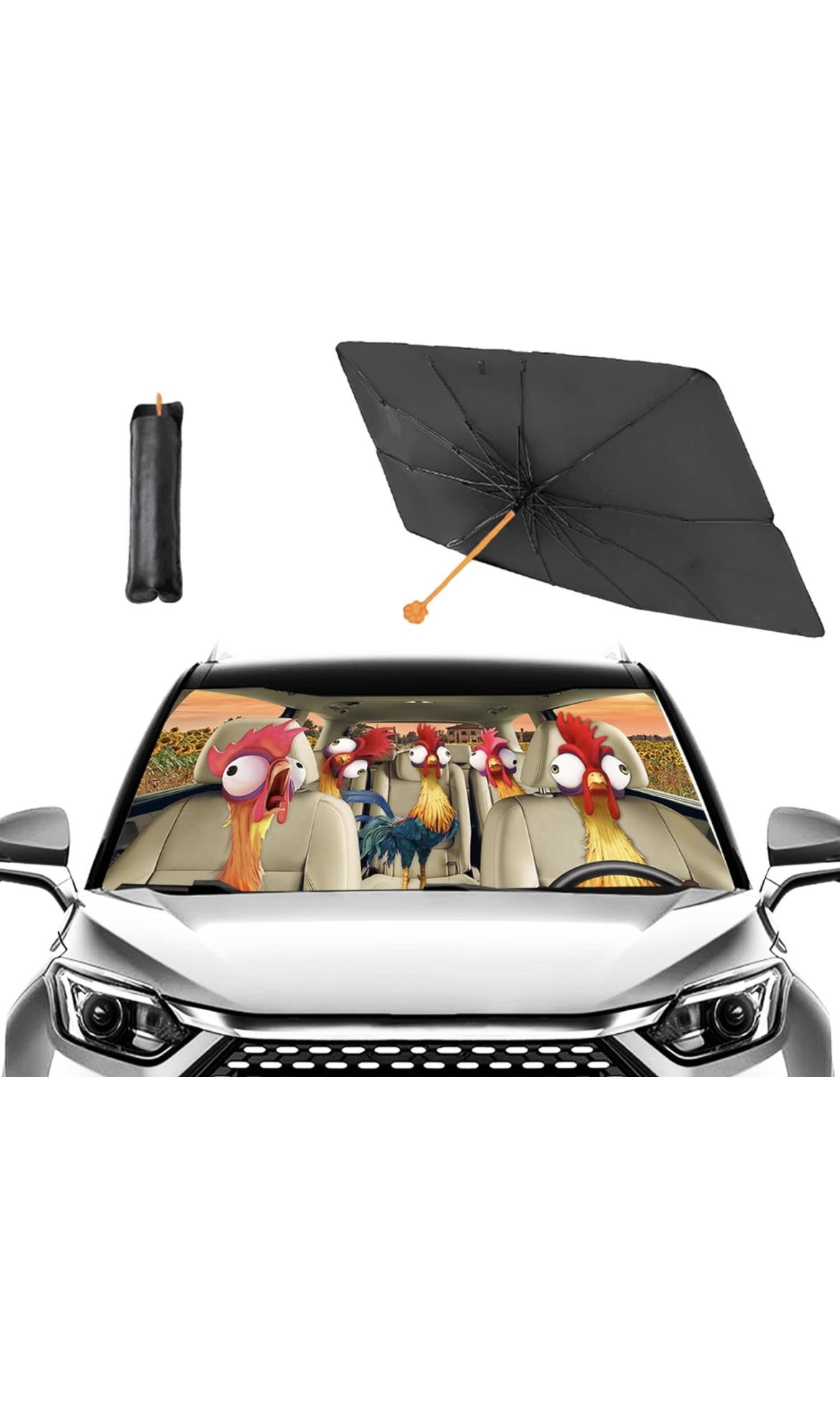 Funny Animals Car Windshield Umbrella, Rooster Sun Shade Umbrellas for Car Front Window,Block UV Rays Foldable Windshield Umbrella Sun Visor Protector