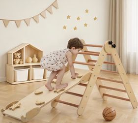 Wooden Pikler triangle Montessori-inspired indoor climbing frame designed for toddlers