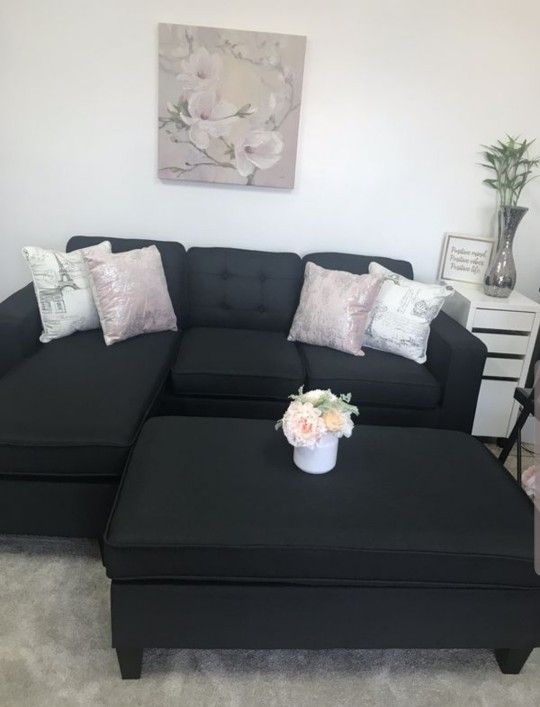 Brand New Black Linen Sectional Sofa + Ottoman (New In Box)