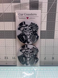 Skeleton Couple Handmade Car Coasters Set of 2