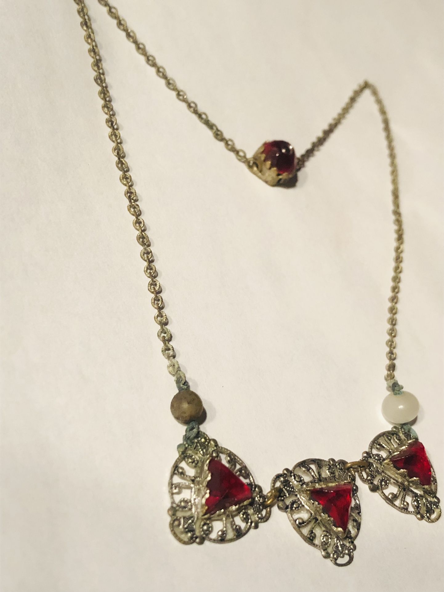 Vintage  Silver  Tone  Necklace  Red Heart Shape  Stones  14 inch  Long