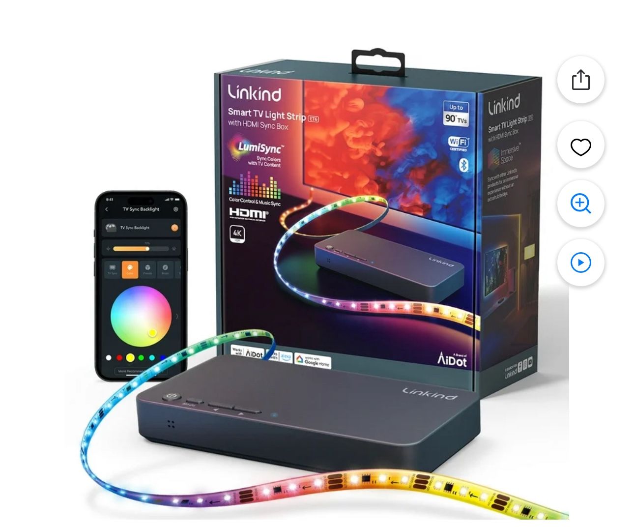 Linkind ET6 Smart TV Backlights with HDMI 2.0 Sync Box, LED Light Strip for 90 inch TV, App Control,