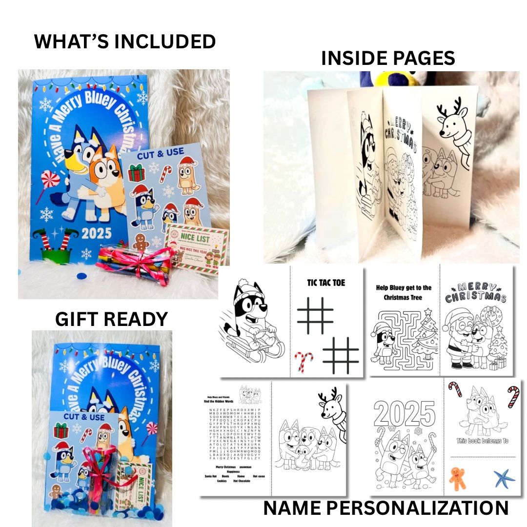 (20 Pack) Bluey Holiday Activity book π Cut & Use Stickers +Crayons+ Mini Nice List| Custom Name