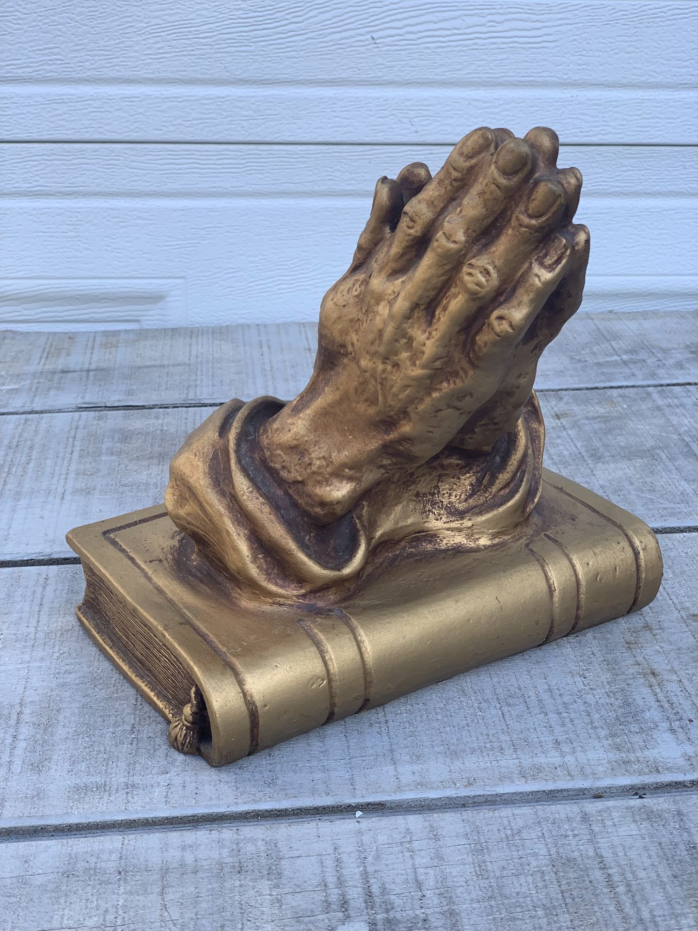 Vintage Praying Hands Resting On Book Sculpture Bronze Antique Gold 11” Tall