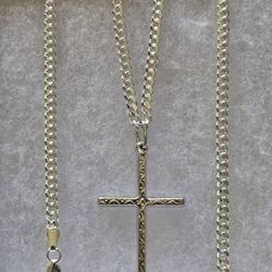 .925 STERLING SILVER SOLID MIAMI CUBAN CURB LINK CHAIN/NECKLACE WITH CROSS PENDANT 