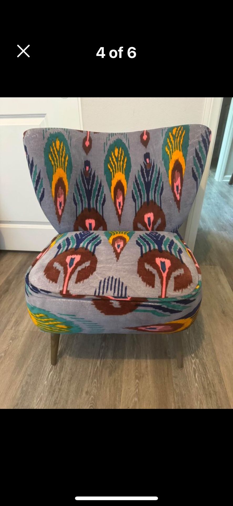 ANTHROPOLOGIE MARIELLE IKAT ECLECTIC BLUE, NAVY, ORANGE, GREEN, RED COLORS PLUSH VELVET ACCENT CHAIR