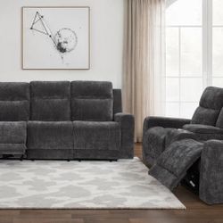 New Chenille Upholstered Power Reclining Sofa Dark Grey
