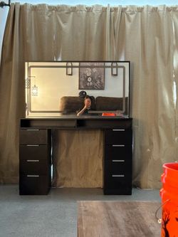 Black Vanity Desk with Mirror and Drawers