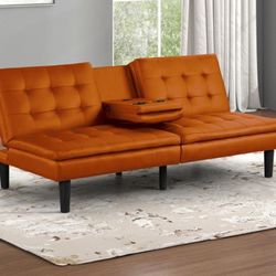 Brand New Orange Leather Futon Sofa Sleeper 