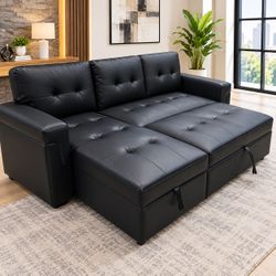 Black Faux Leather Sectional Sleeper Sofa with Storage
