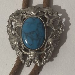Vintage Bolo Tie Silver And Turquoise Shield Design