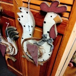Vintage Rustic Wooden Chicken And Rooster 