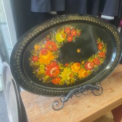 Antique Floral Flower Russian Hand Painted Tray 