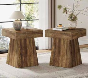New assembled Small End Table Set of 2, Rustic Square Side Table with Wide Base, Farmhouse Small Nightstand Beside Bed, Next to Armchair, for Living R
