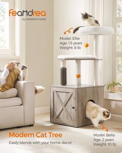 Cat Tree with Litter Box Enclosure, 2-in-1 Modern Cat Tower for Indoor Cats, 52.8-Inch Cat Condo with Self Groomer, Scratching Posts, Washable Cushion