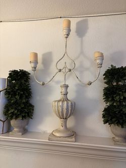Vintage Distressed White Candle Holder Candelabra Decor Piece