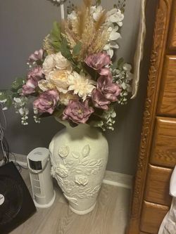 Large White Vase with Floral Relief