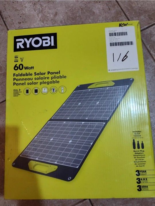 RYOBI 60-Watt Premium Solar Panel, Foldable USB-A, USB-C, Barrel Cord Compatible