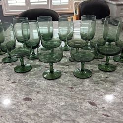 Green Crystal Glasses, 11 Water, 8 Dessert, 1 Platter 