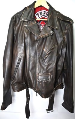 Thedi Leathers 2XL Distressed Brown Leather Motorcycle Jacket Biker Moto Belted