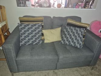 Gray Fabric Loveseat with Nailhead Trim