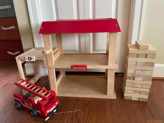 Wooden Fire Station Play House, Firetruck 🚒 & Stacking Blocks