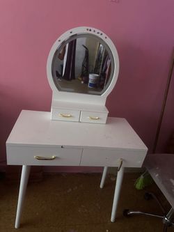 White Vanity Desk with Round Mirror