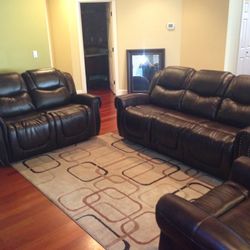 Brown Leather Three Piece Fully Reclining Couch Set 