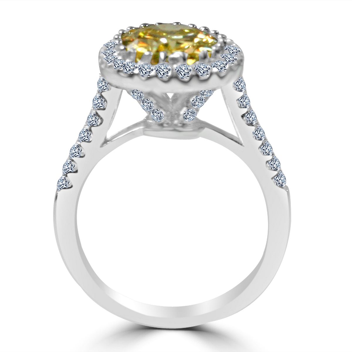 3.5CT(9x11mm) intense Canary Diamond Veneer Cubic zirconia Oval Center w/Halo Pave set Sterling Silver modern style Ring. 635R0245