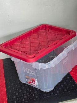 Brand New HDX 17 Gal. Tough Storage Tote in Clear with Red Lid