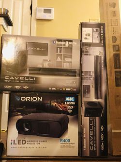 Brand new self locking screen and Cavelli Home Theater System (Soundbar and Subwoofers)