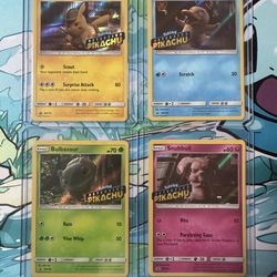 Pokémon detective pikachu promo set holos  detective pikachu, psyduck, bulbasaur, and snubull