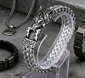 New Men’s Stainless Steel Snake Head Beast Head Skull Bracelet 8.66 inches