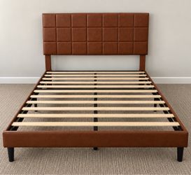 Brown Faux Leather Platform Bed Frame with Headboard