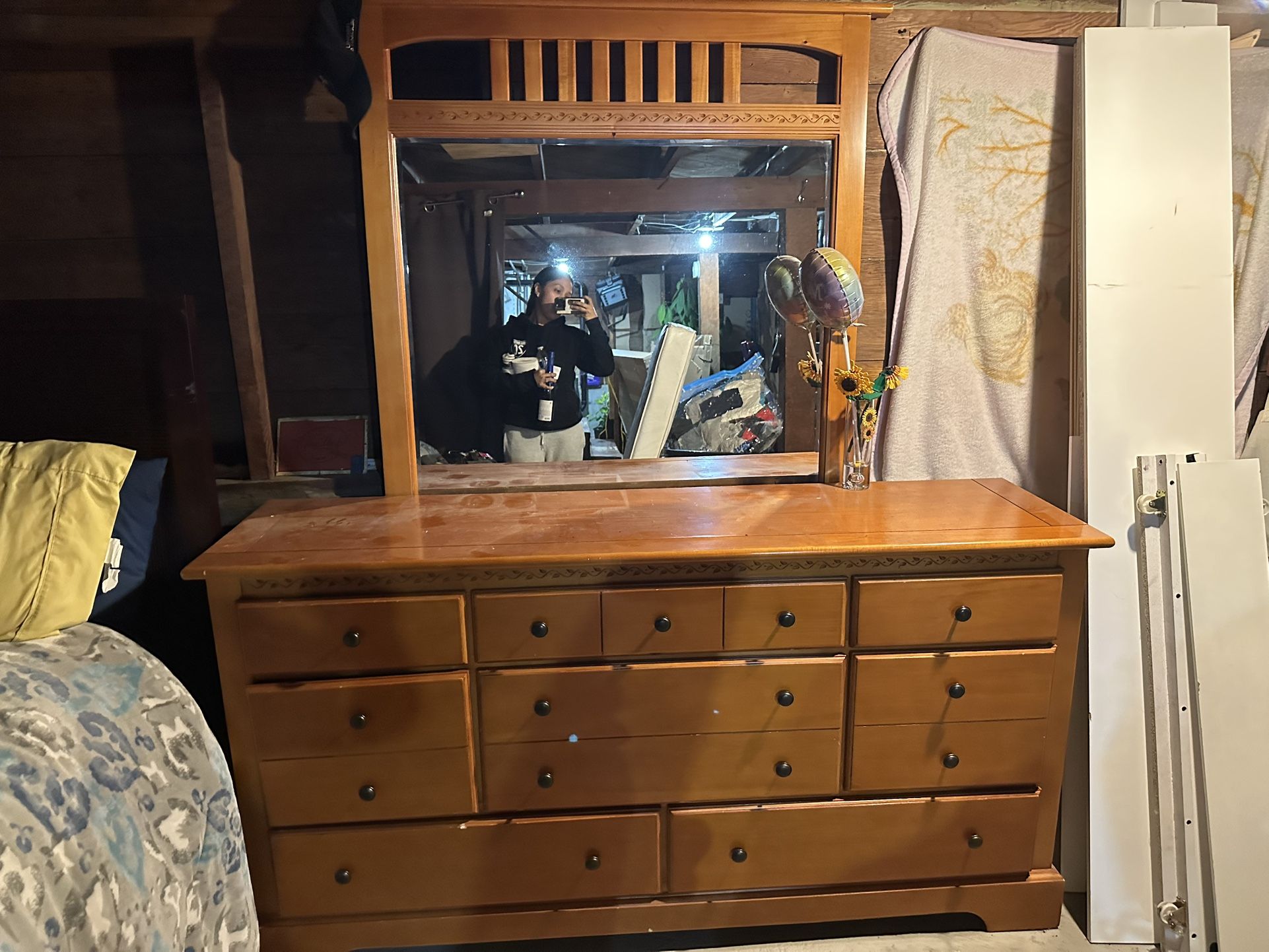 Bedroom Set – Bed Frame + Dresser with Mirror + Nightstand