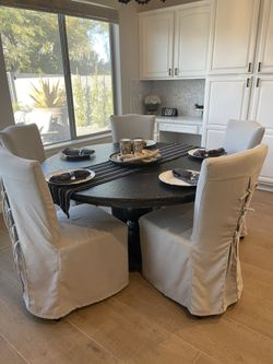 60in Potato barn Dining Table & Linen Covered chairs