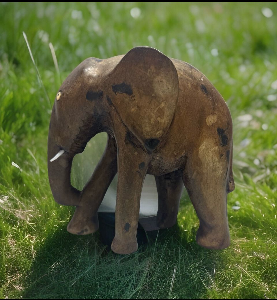 Vintage Wooden Elephant Figurine Original Old Hand Carved Estate Sale Find Rare