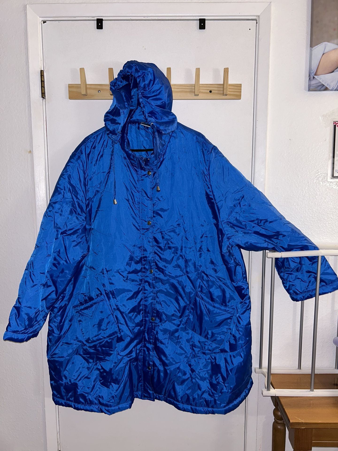 Polyester Nylon Water Resistant Metallic Blue Rain Jacket 3/4 Length Men’s Sz 4X