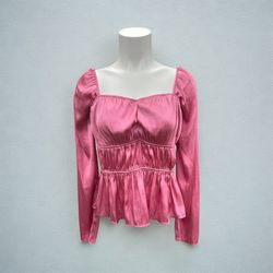 H&M Barbie Pink Satin Blouse Slim Fit Sweetheart Neck Sz S