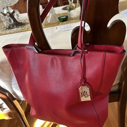 Ralph Lauren Red Cow Leather Tote Bag With Logo Large Bag