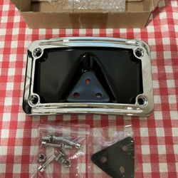 9171 Curved Laydown License Plate Mount with Frame Compatible with Harley Davidson 3 Hole Mount (Silver).