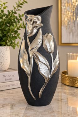 Modern Matte Black Ceramic Tulip Vase – 13" Tall – Silver Floral Design