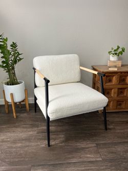 Mid century soft teddy accent white chair black metal natural wood