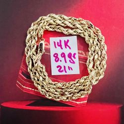 14K Yellow Gold Rope Chain 8.9Gr 21 Inches Long 