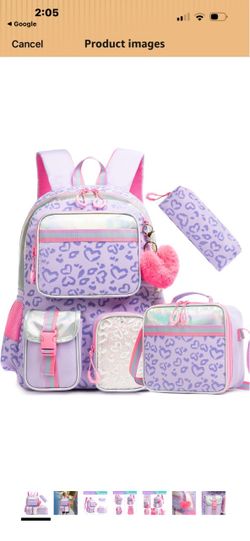 Girls Purple Heart Print Backpack Set