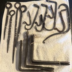 Vintage Hand Forged Hooks, Angle Brackets And Stakes 