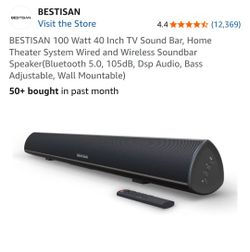 New. BESTISAN 100 Watt 40 Inch TV Sound Bar, Home Theater System Wired and Wireless Soundbar Speaker(Bluetooth 5.0, 105dB, Dsp Audio, Bass Adjustable,
