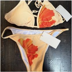 Floral Cream Pastel Yellow with Orange Flower Bikini Set