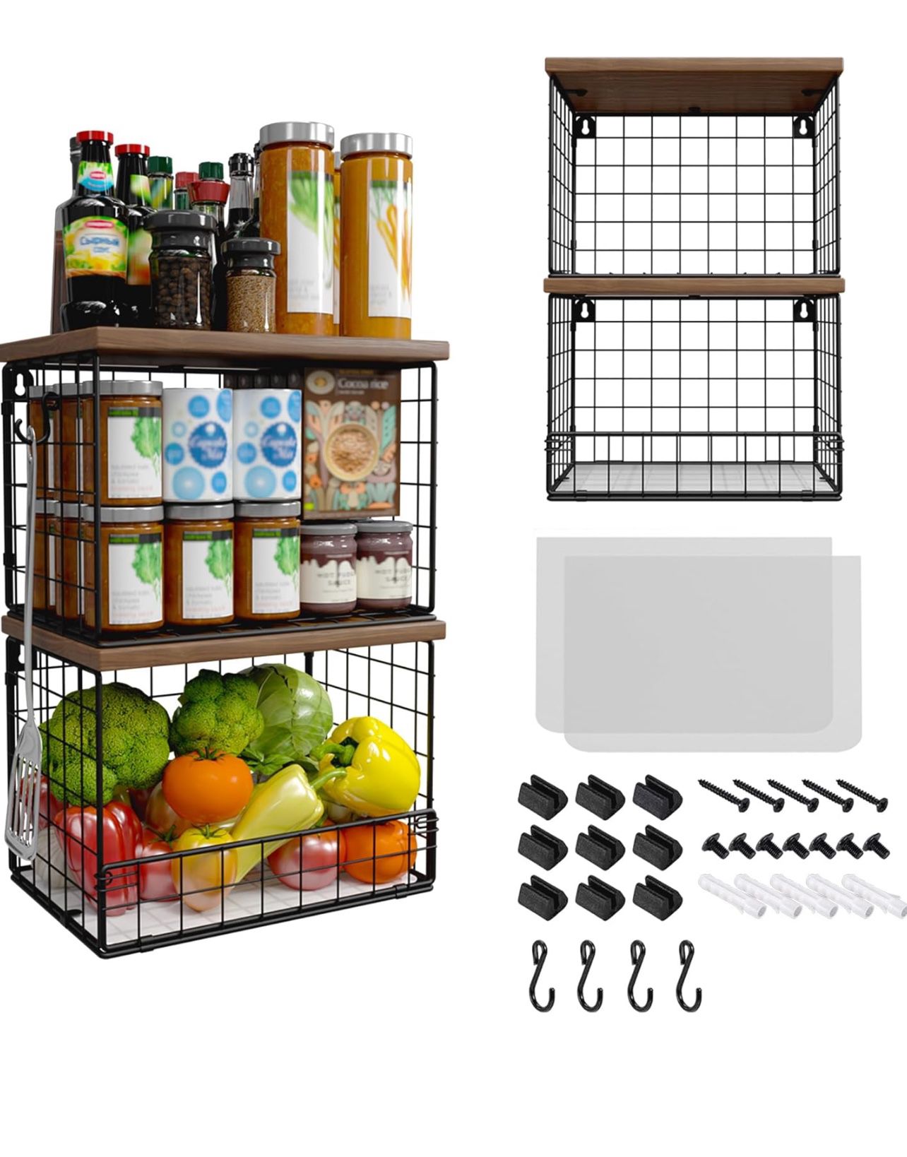 Brandnew 2 Pack Hanging Kitchen Baskets, Stackable Kitchen Counter Basket, Onion Potato Storage Wire Basket with Wood Lid, 2 Tier Wall Mounted Fruit V